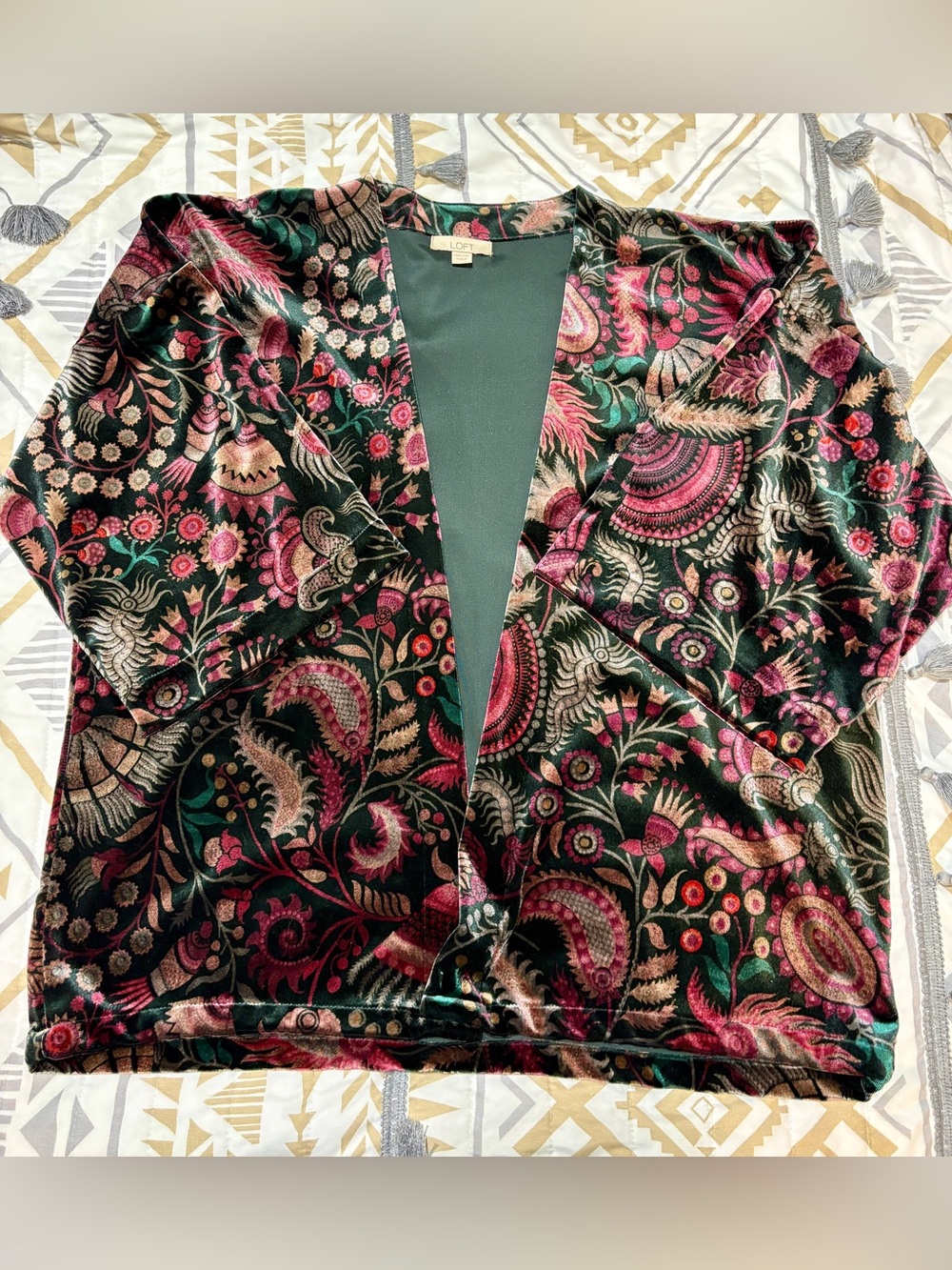 LOFT Velvet Paisley Open Cardigan in Deep Green with Pink Accents